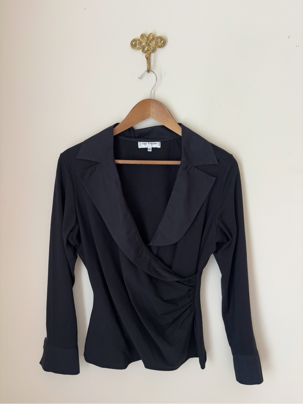 Anne Fontaine Black Collared Surplice Long Sleeve Top Sz 44 US 12